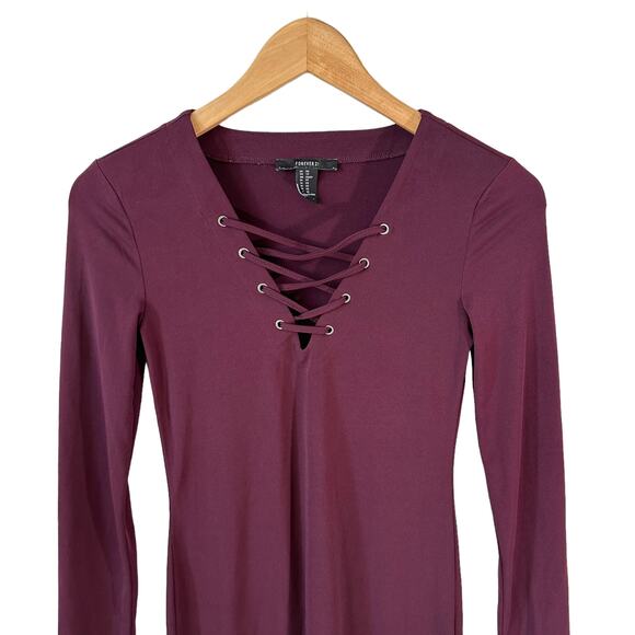 Y2K FOREVER 21 Womens Lace Up Long Sleeve Mini Dress Burgundy XS Grunge Goth Y2k - Picture 4 of 8